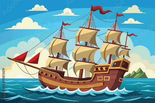 An ancient frigate with billowing sails navigates through tranquil waters, surrounded by picturesque mountains and a vibrant sky