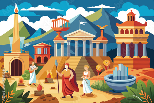 Roman figures participate in various rituals near grand structures under a vibrant sky, showcasing their culture in a mountainous setting