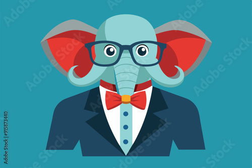 An elephant dons a fashionable bowtie and glasses, radiating charm while standing confidently in a colorful environment