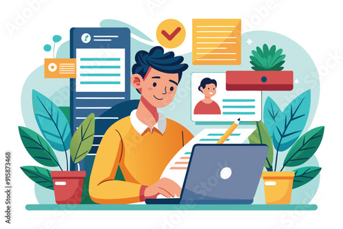 An employee diligently works on a CV letter at his desk, focusing on his laptop while surrounded by plants and organized documents