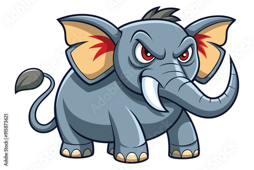 A cartoon elephant displays an angry expression, standing firmly with its trunk raised in a vibrant forest setting