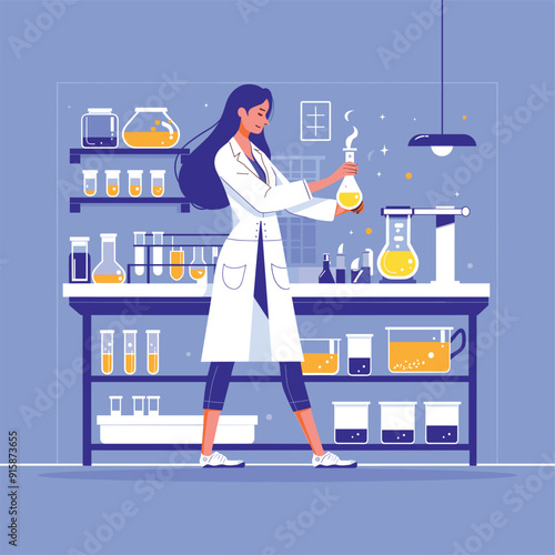 Female scientist in a lab coat working with test tubes, modern and clean illustration.
