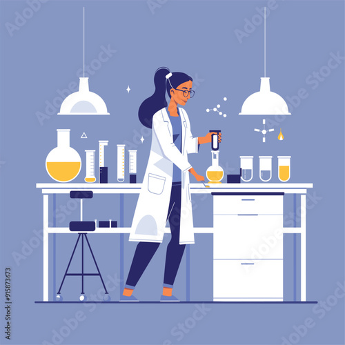 Female scientist in a lab coat working with test tubes, modern and clean illustration.
