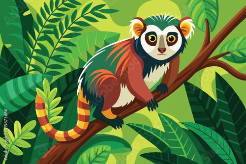 A vibrant creature clings to a branch surrounded by lush green leaves in a tropical forest, showcasing its striking colors under bright sunlight