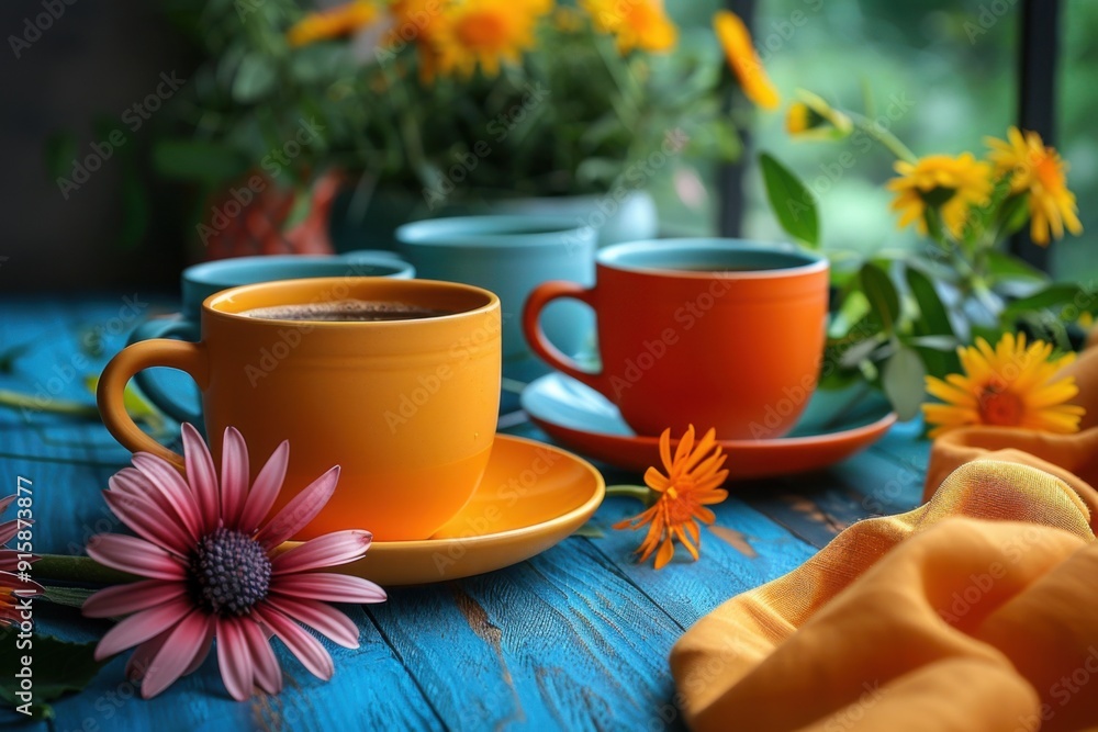 Cups of coffee on a table with flowers Cups of coffee on a table with flowers