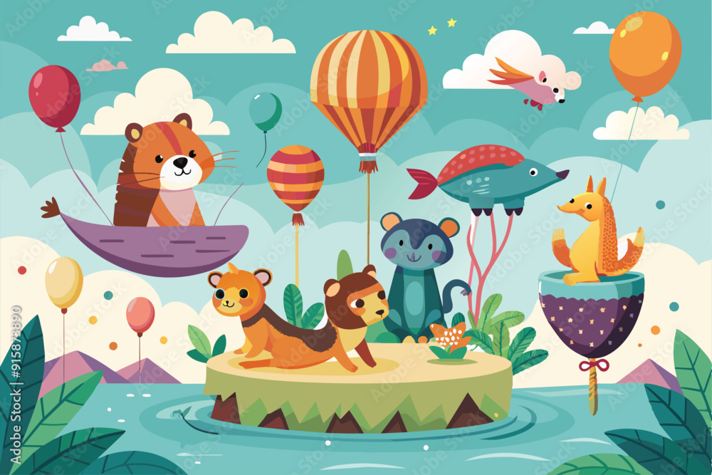 A variety of playful animals float joyfully with vibrant balloons over a lush island surrounded by water and whimsical clouds A variety of playful animals float joyfully with vibrant balloons over a lush island surrounded by water and whimsical clouds