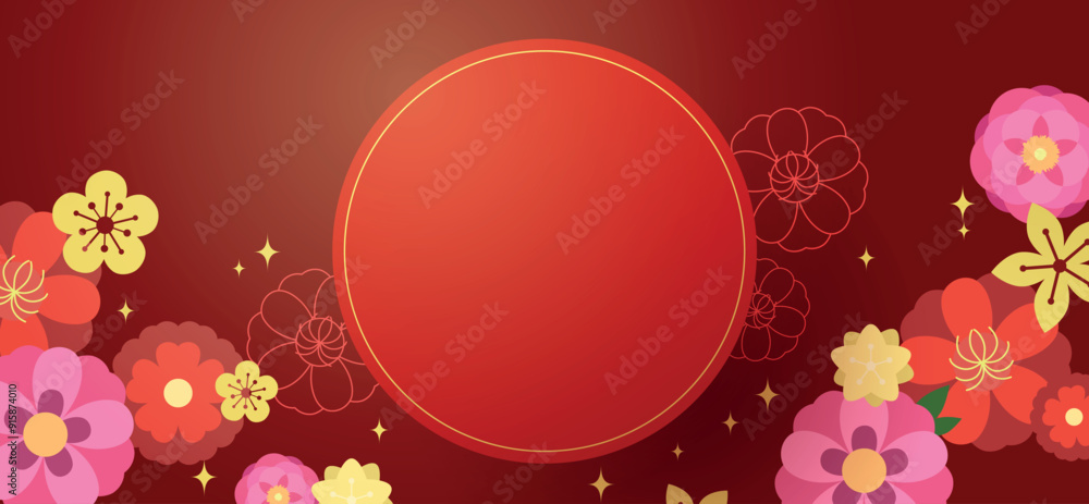 Oriental background template with round frame on flowers. Chinese new year banner template with floral ornaments. Oriental background template with round frame on flowers. Chinese new year banner template with floral ornaments.