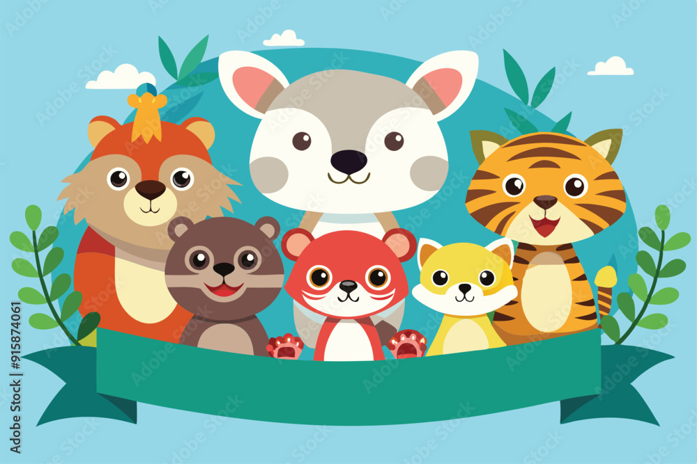 Naklejka premium A group of charming cartoon animals, including a cat, bear, and zebra, happily pose together against a vibrant backdrop of foliage