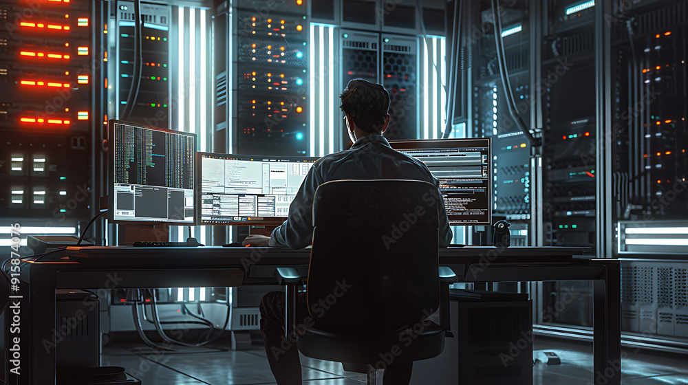 A male IT worker sits at his desk in front of computer monitors and looking computer screen, seen from behind and looking over the of an AI system that processes data on monitor displaying code
A male IT worker sits at his desk in front of computer monitors and looking computer screen, seen from behind and looking over the of an AI system that processes data on monitor displaying code