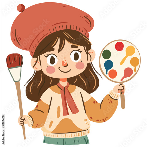 Cute simple clip art of a girl with a beret and paintbrush, holding a palette, as a flat vector illustration on a white background.