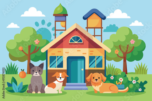 A vibrant animal shelter is depicted, featuring playful dogs outside, surrounded by colorful trees and flourishing plants under a bright blue sky