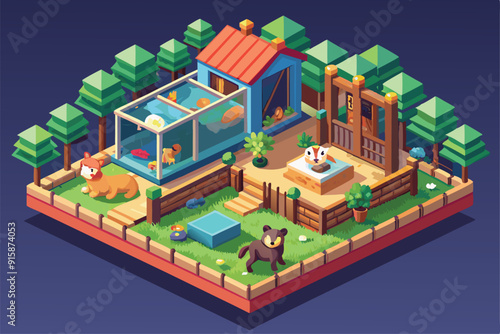 A lively animal shelter features various pets interacting in a beautifully landscaped environment, emphasizing care and community for animals