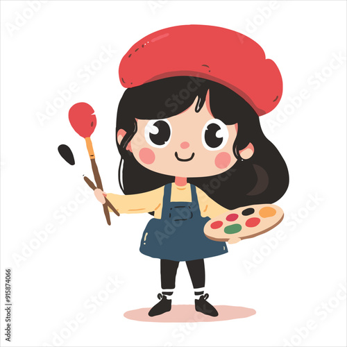 Cute simple clip art of a girl with a beret and paintbrush, holding a palette, as a flat vector illustration on a white background.