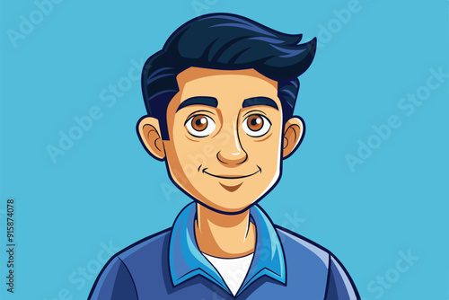 A cheerful young man with dark hair smiles warmly while wearing a casual shirt, set against a vibrant light blue background