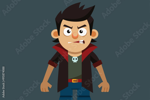 A customizable cartoon character with spiky hair and dark clothing stands with an angry expression, showcasing a rebellious attitude in a simplistic style