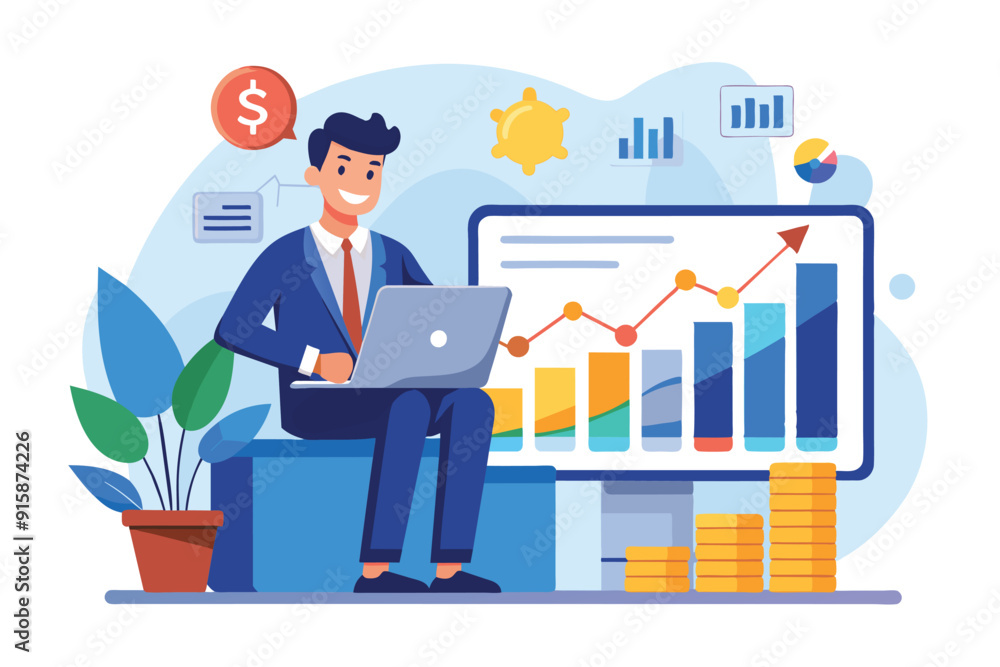 An investor focuses on financial report growth, utilizing a laptop while observing charts and data in a contemporary office filled with greenery An investor focuses on financial report growth, utilizing a laptop while observing charts and data in a contemporary office filled with greenery