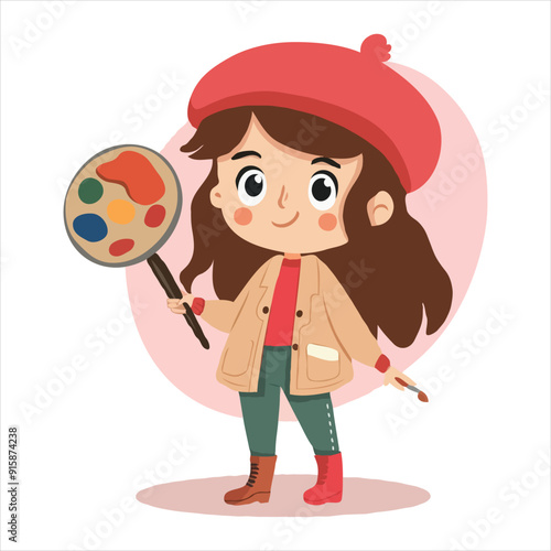 Cute simple clip art of a girl with a beret and paintbrush, holding a palette, as a flat vector illustration on a white background.