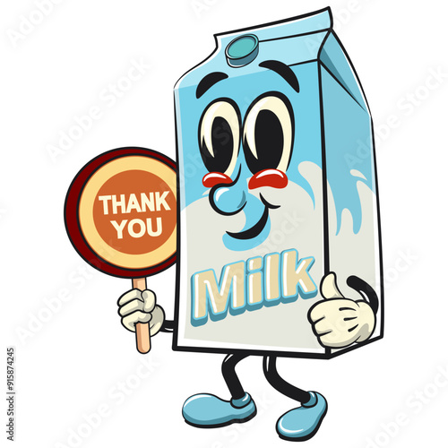 character of a cute milk box cartoon vector isolated clip art mascot illustration carrying a sign saying thank you, work of hand drawn