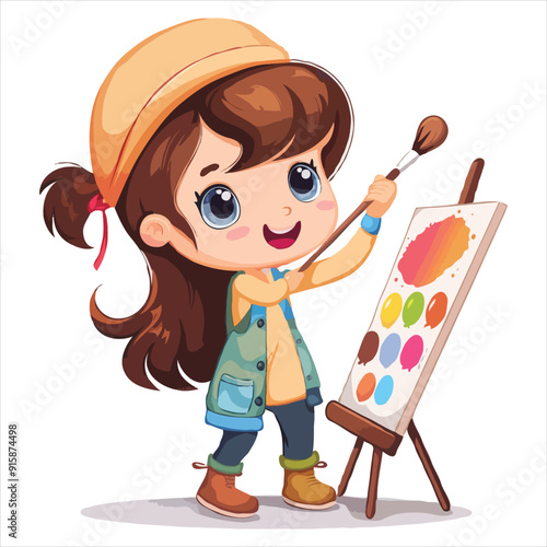 Cute simple clip art of a girl with a beret and paintbrush, holding a palette, as a flat vector illustration on a white background.
