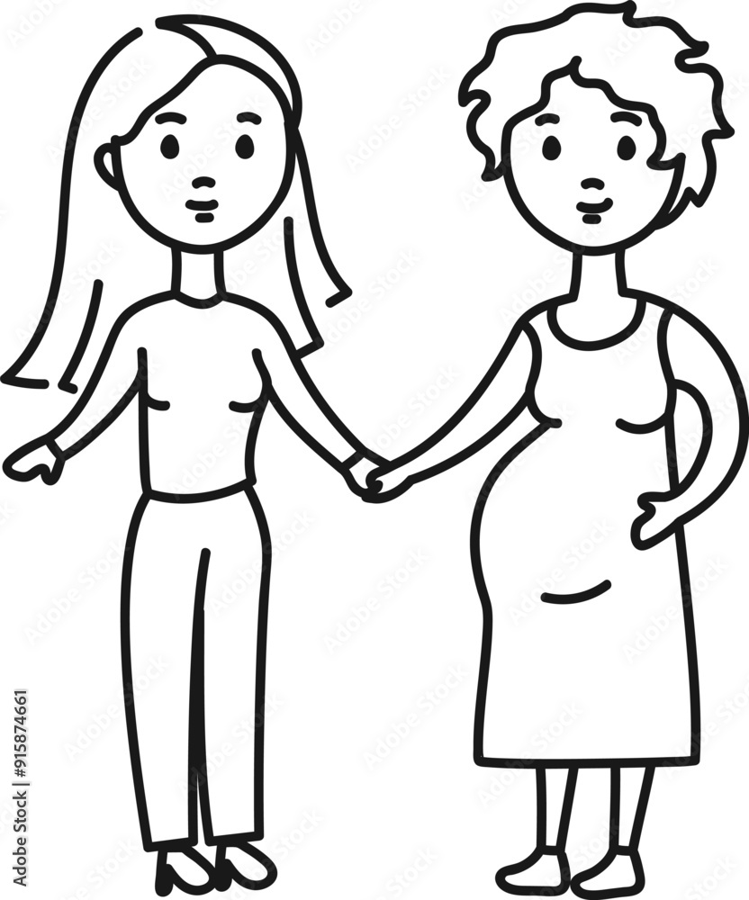 LGBT family line hand drawing. A couple of lesbians in love. A pregnant woman. Two mothers. LGBT family line hand drawing. A couple of lesbians in love. A pregnant woman. Two mothers.