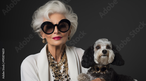 A stylish elderly woman poses confidently with her small dog, showcasing elegance and companionship.