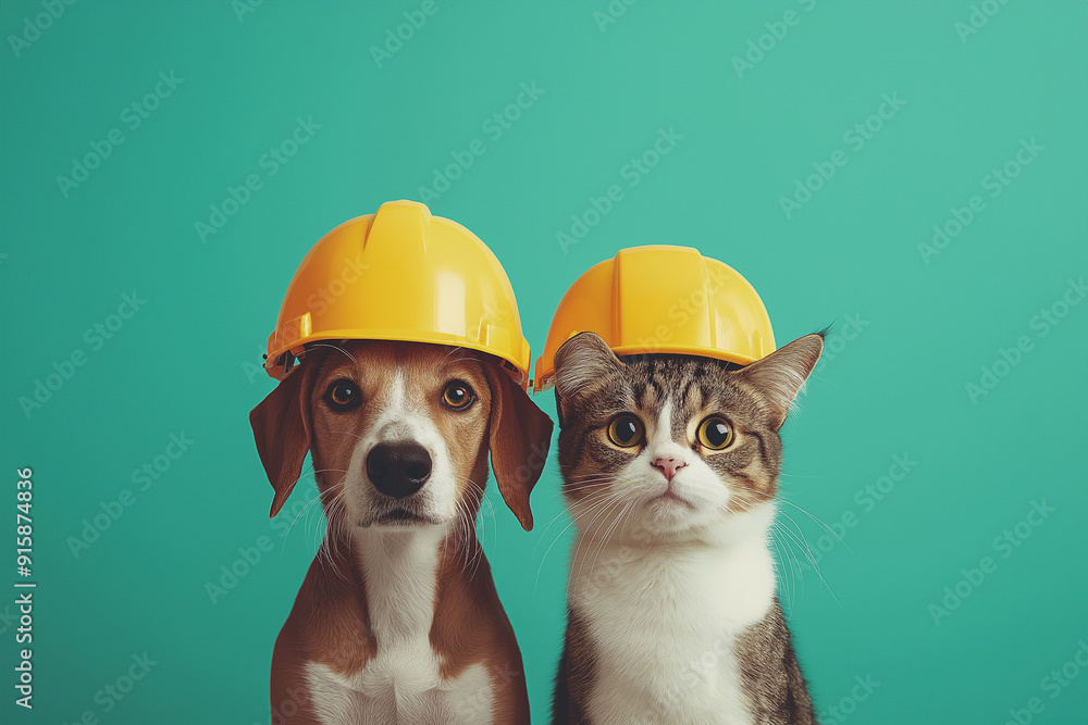 ペット防災。黄色いヘルメットを被る猫と犬。コピースペースまたはテキストスペースのある背景用画像 ペット防災。黄色いヘルメットを被る猫と犬。コピースペースまたはテキストスペースのある背景用画像