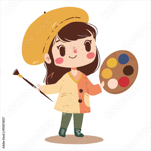 Cute simple clip art of a girl with a beret and paintbrush, holding a palette, as a flat vector illustration on a white background.