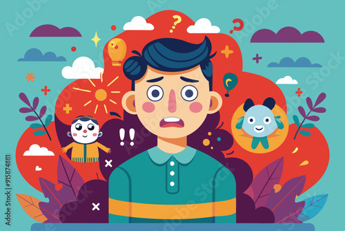 A young person appears anxious surrounded by whimsical characters and vibrant colors, symbolizing inner thoughts and feelings