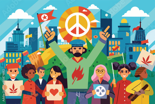 Activists gather in a vibrant cityscape holding signs and flags, promoting peace and unity during a spirited anti-war protest
