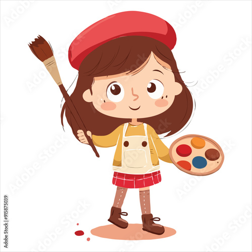 Cute simple clip art of a girl with a beret and paintbrush, holding a palette, as a flat vector illustration on a white background.