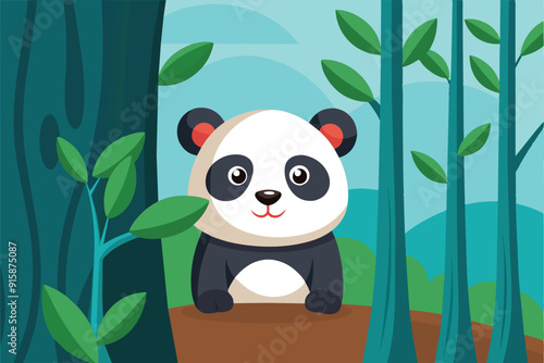 A playful panda peeks out from behind a large tree, surrounded by vibrant foliage in a serene forest setting