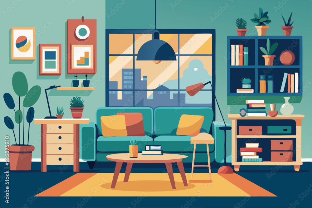 A stylish living room features a bright couch, wooden furniture, and vibrant plants, bathed in warm light as evening approaches A stylish living room features a bright couch, wooden furniture, and vibrant plants, bathed in warm light as evening approaches