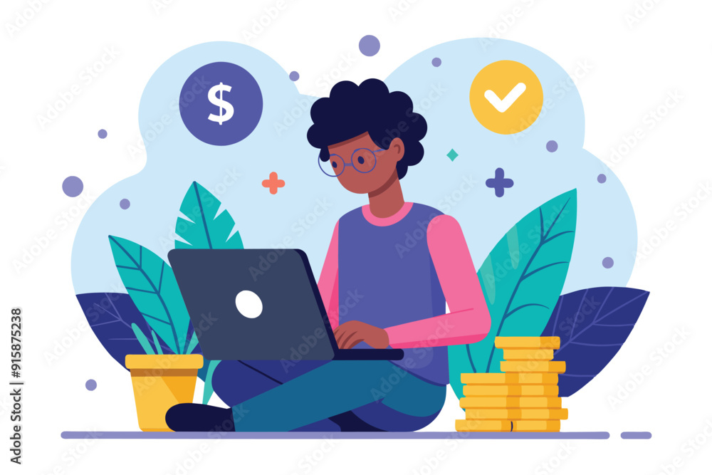 A person works intently on a laptop, seated on the floor, with potted plants and stacks of coins nearby, conveying a sense of financial motivation A person works intently on a laptop, seated on the floor, with potted plants and stacks of coins nearby, conveying a sense of financial motivation