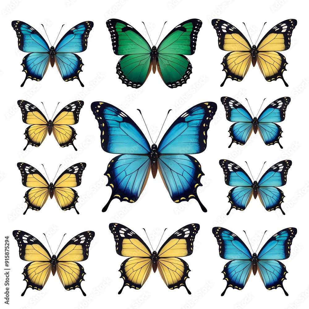 collection of butterflies,set of Beautiful royal blue yellow green and black butterflies isolated on white Background collection of butterflies,set of Beautiful royal blue yellow green and black butterflies isolated on white Background