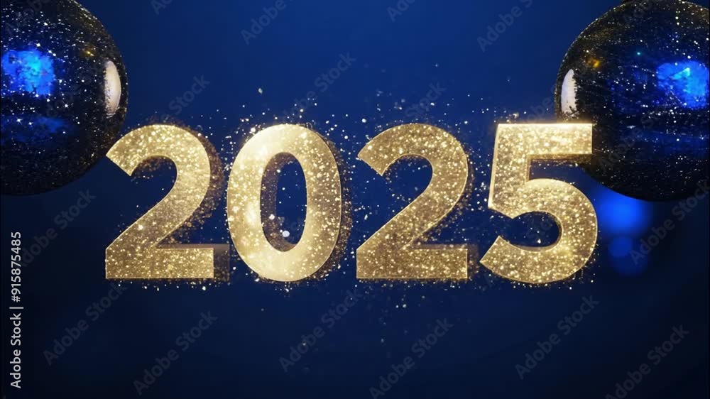 New Year 2025 with shiny fireworks and navy blue Christmas decorations on dark blue background. Festive background Happy New Year 2025. New Year 2025 with shiny fireworks and navy blue Christmas decorations on dark blue background. Festive background Happy New Year 2025.