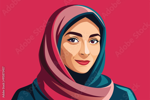 An Arab woman wearing a vibrant hijab confidently expresses her cultural identity while radiating modern elegance against a bright backdrop