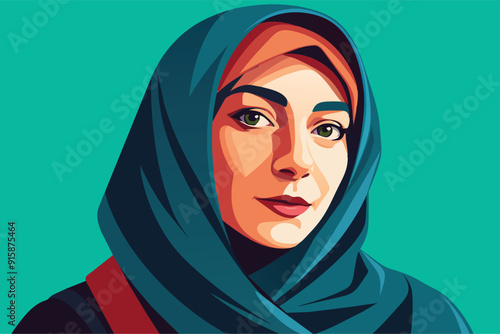An Arab woman in a vibrant hijab gazes confidently, showcasing her features against a striking turquoise backdrop that enhances her presence