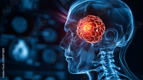 Medical Scan Graphic Showing a Tumor in the Brain Highlighted With Bright Color photo