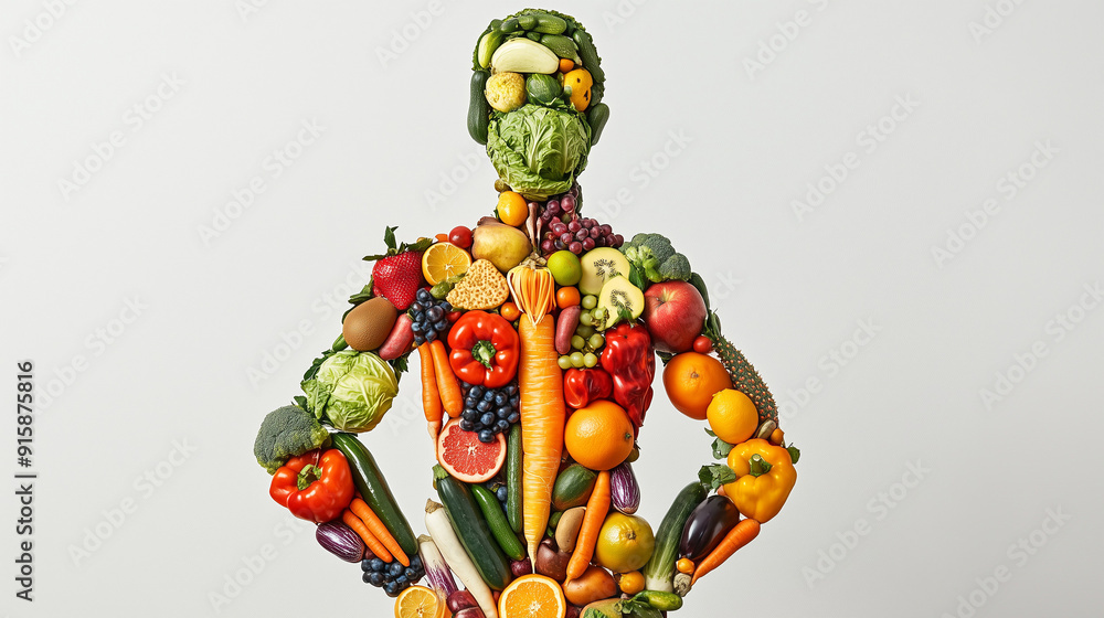 Colorful Human Figure Made of Fruits and Vegetables Promoting Balanced Diet for Better Health Colorful Human Figure Made of Fruits and Vegetables Promoting Balanced Diet for Better Health