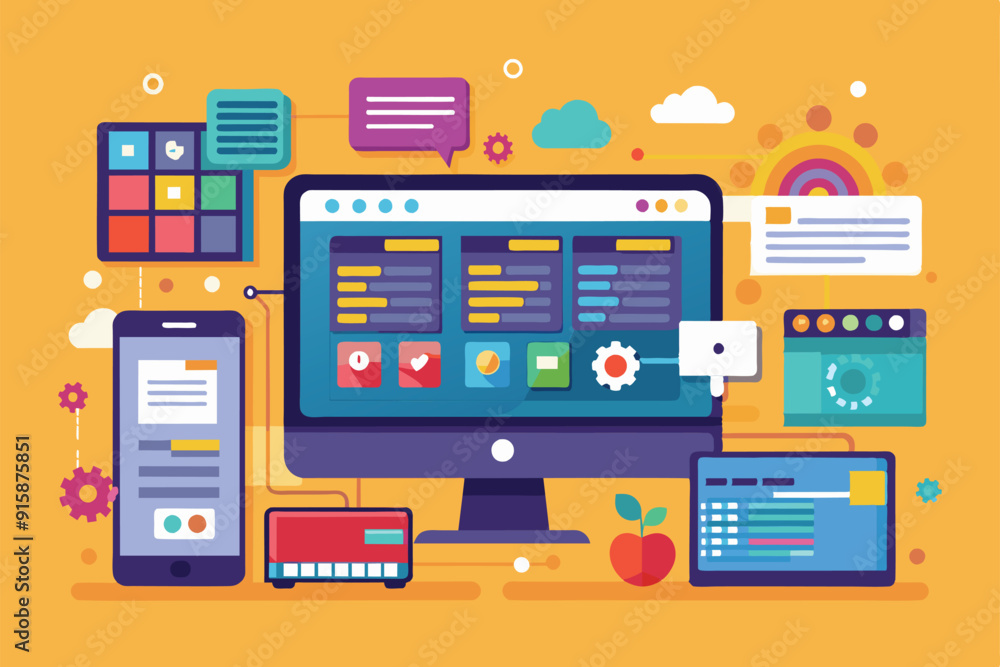 A vibrant representation of a customizable application programming interface across devices, showcasing various functionalities and interactive elements A vibrant representation of a customizable application programming interface across devices, showcasing various functionalities and interactive elements