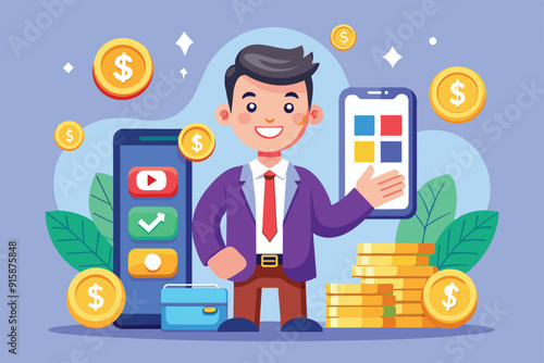 A cheerful cartoon character showcases app monetization methods surrounded by coins, smartphones, and a briefcase in a vibrant setting