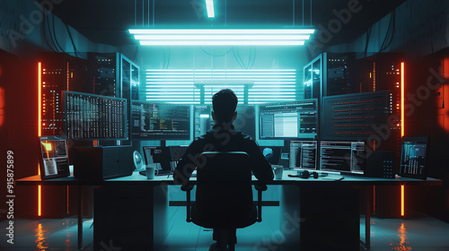 A male IT worker sits at his desk in front of computer monitors and looking computer screen, seen from behind and looking over the of an AI system that processes data on monitor displaying code
