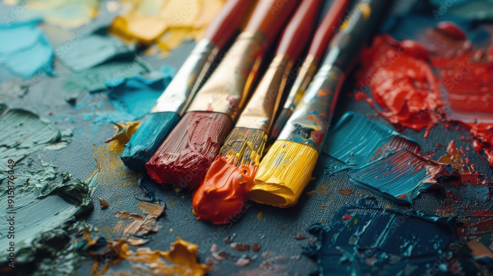 Obraz premium Paint brushes on a palette with different colors