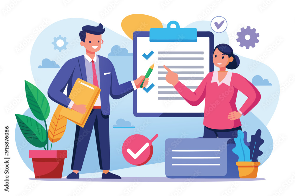 Two professionals collaborate in an office, reviewing and approving business contract documents with clear focus and engagement Two professionals collaborate in an office, reviewing and approving business contract documents with clear focus and engagement