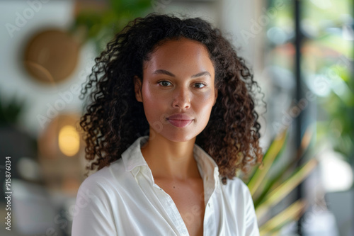 A confident female consultant stands in a vibrant office, ready to discuss strategies for promoting diversity and inclusion in the workplace.
