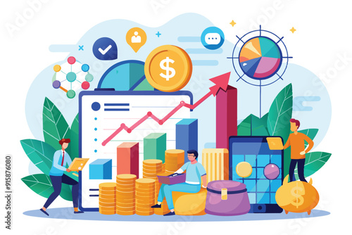 Professionals engage in discussions about financial planning strategies while analyzing charts and data, surrounded by symbols of growth and technology