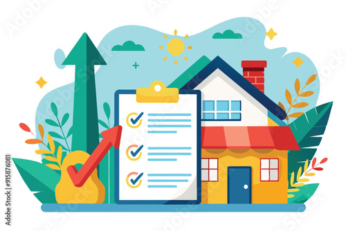 A checklist with checkmarks represents the approval of a home purchase contract beside a colorful house and growth indicators
