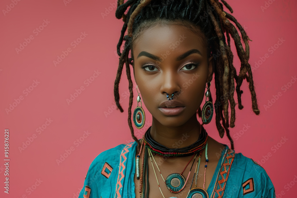 A woman stands confidently in turquoise attire, adorned with striking jewelry, showcasing her unique style against a vivid pink backdrop. A woman stands confidently in turquoise attire, adorned with striking jewelry, showcasing her unique style against a vivid pink backdrop.