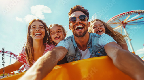 Happy Family Enjoying a Thrilling Amusement Park Ride Under a Bright Sky With Colorful Attractions in the Background