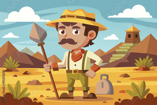 An archaeologist stands confidently in a desert landscape, equipped with a spear, surveying ancient ruins and surrounding mountains under a bright sky